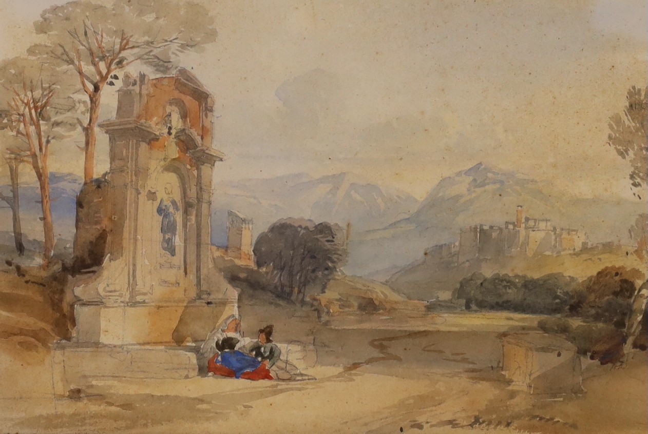 William Leighton Leitch (1804-1888) a watercolour, Italianate mountainous scene, with figures resting by a classical fountain, Abbott and Holder label verso, 14.5 x 22cm